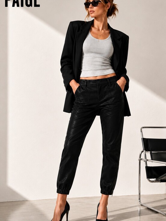 PAIGE Denim - NWT PAIGE Utility Jogger Pants Luxe Black Coated Denim Patch Pockets Cropped